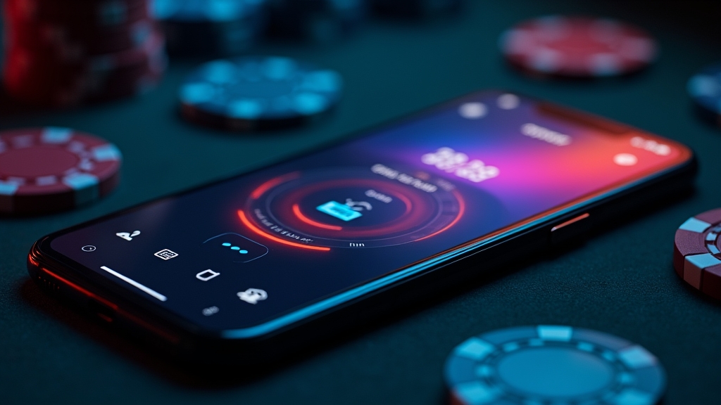 Android κινητό με λήψη της Pistolo App σε σκοτεινό καζίνο-σκηνικό