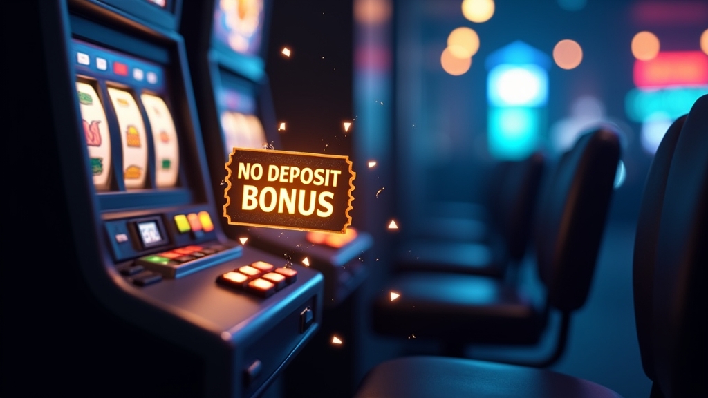 Φωτεινό κουπόνι no deposit πάνω από κουλοχέρη σε σκοτεινό καζίνο